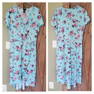 Faux Wrap Turquoise Floral Midi Dress
